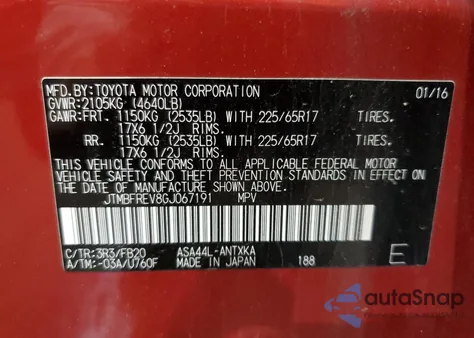 2016 Toyota Rav4 Le z USA, uszkodzony, nr VIN JTMBFREV8GJ067191